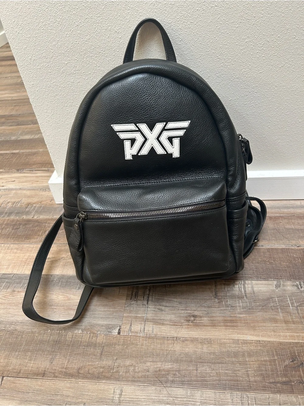 PXG Black Leather Mini Backpack with White Logo